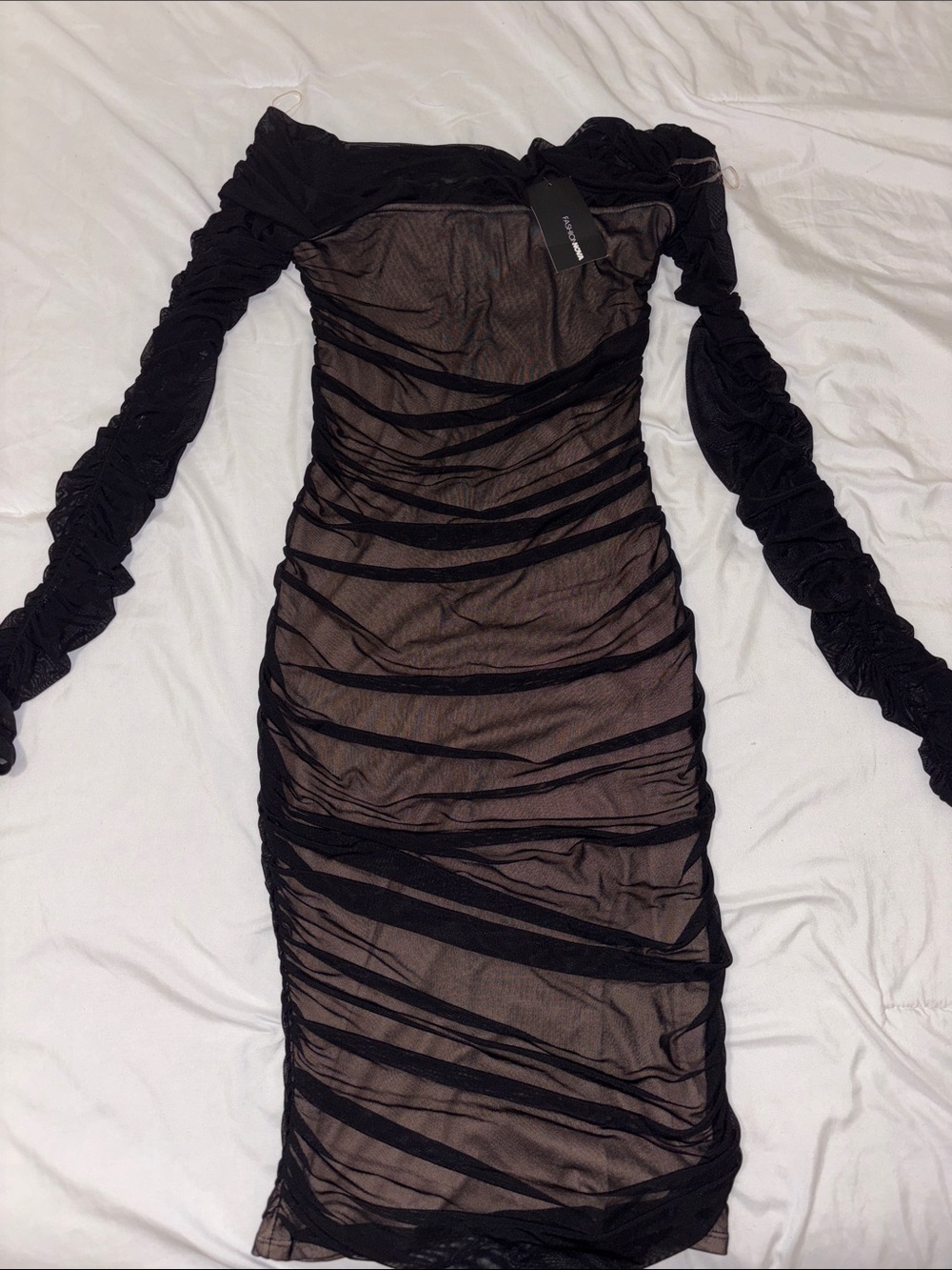 Fashion Nova Black Ruched Off-Shoulder Long Sleeve Mesh Bodycon Dress